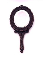 Ancien miroir face à main en bois sculpté XIXe