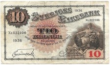 Suède - billet de 10 kronor noir 'Svea' 1936 ! P#34
