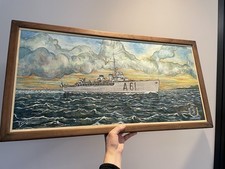 Grande Peinture À L’huile Bateau Militaire FR Guerre La Grandière Signée JOANIS