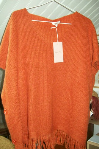 Poncho mailles orange - mailles, frange