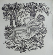 Albert DECARIS Gravure originale au burin c1950 Adam Eve couple verger nu 2