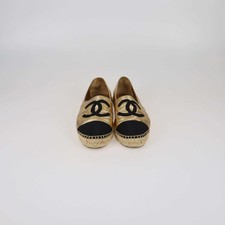Chanel Gold/Black Espadrilles CC Cap Toe Flats