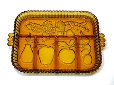 Vintage, plat à compartiment apéritif verre ambré décor fruits Indiana Glass