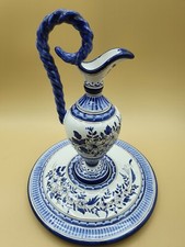 Aiguiere Nevers Bleu motif fleurs anse corde H 26 L 19 cm E. Georges