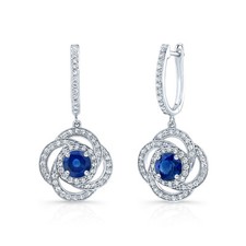 Bleu Saphir Diamant Goutte Fleur 14K or Blanc Oreilles Trèfle Rond Naturel