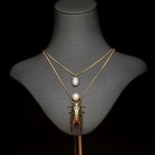 Collier 2 Pendentif & Broche Long Sautoir Insecte Cigale Perle Email Vert XZ16