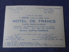 CARTE DE VISITE URCEL CAFE RESTAURANT HOTEL DE FRANCE  DUFAL / THOMAS AISNE