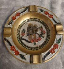 Cendrier en laiton émaillé décor floral et chouette