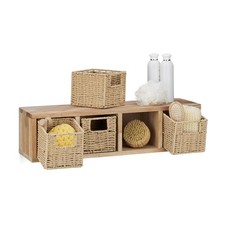 Etagere 4 cubes rangement panier amovible corbeille bois noyer couloir chambr...