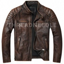 Nouveau Blouson En Cuir Biker Vintage Café Racer Distressé Marron Pour Homme