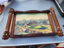 Plateau bois sculpté peint main signé Boli – Le Fayet – décor alpin vintage