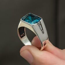 Solid Sterling 925 Silver Signet Men's Jewelry Aquamarine Ring
