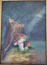 "Du.Jardin" huile sur panneau signée "Amanites tue mouche dans un sous bois"