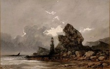 Gabriel Hippolyte Lebas (1812-1880) : Grande Aquarelle Gouachée d'un Phare...