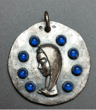 Médaille religieuse argent 800 émaillé "Vierge Marie" Grav. Elie Pellegrin