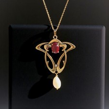 Collier Pendentif Doré Vieilli Oval Rubis Rouge étoilé Astérisme Vrai Perle SB22