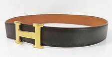 Authentique ceinture en cuir marron HERMES avec boucle H dorée #48117