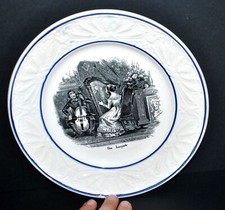 SARREGUEMINES Opaque Assiette parlante Musique Harpiste 1900
