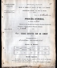 ORIGNY-SAINTE-BENOITE (02) LABORATOIRE d'ESSAI Analyses "CIMENT PORTLAND" 1909