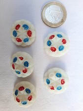 5 Boutons Anciens en Céramique  BLANC BLEU ROUGE  STYLE LINE VAUTRIN 23 mm