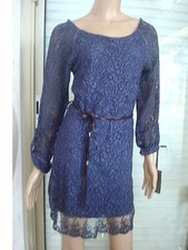 ROBE TUNIQUE VOILE & DENTELLE BLEU MARINE + CEINTURE NEUVE T 36/38/40