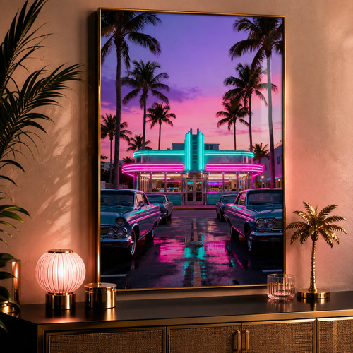 Retro miami neon diner poster - diner,