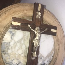 Antique French Solid Wood Metal crucifix wall hanging Cross Jesus Gold Inlay 12”