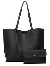 2X Sac Cabas Noir Simili Cuir Fourre Tout + Pochette - Ensemble 2 Pièces