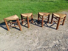 4 Tabourets bois et paille Tripodes Triangle vintage  Perriand Circa 1950