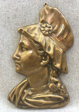 Antique french alsacian bronze low relief early 1900's portrait ornament