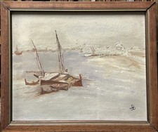 Original Antique Oil Painting, Marine Yachts, Impressionism, Signed, Framed