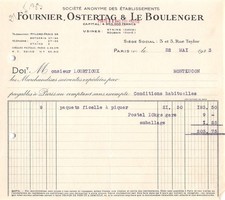 933    FACTURE FOURNIER, OSTERTAG & LE BOULANGER A PARIS  - M.LOURTIOUX A MONTL