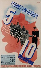 AFFICHE ANCIENNE Roland HUGON 1936 SNCF FORMEZ UN GROUPE 10 VOYAGEURS BILLET 50%