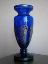 Grand Vase Art Déco Cristal bleu Argenture Verrerie décor 1930 Ancien
