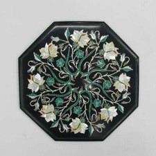 12 " Noir Marbre Table Top Demi Précieux Pierres Floral Incrusté Handmade