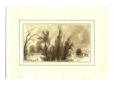 Carriole sur un chemin  - Dessin  original ancien au lavis