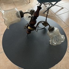 Ancien Lustre 3 Branches en Bois et Laiton Avec Tulipe