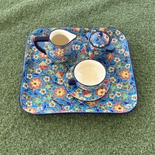 Service à café en émaux de longwy à décor de fleurs et oiseaux 1930