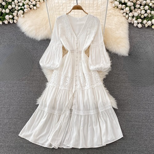 Femme col dentelle midi robe - col, v
