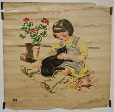 La fillette et son chat Circa 1950 Affiche Originale Enfance Éducation