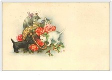 CHATS.n°1298.CHATONS ET CHIEN RENVERSANT UNE CORBEILLE DE FLEURS.PLIE