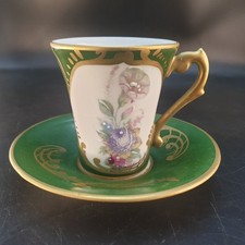 Tasse & sous-tasse Porcelaine Couleuvre Limoges Décor floral & vert Empire 1950