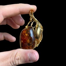 Ancien Pendentif En Argent Massif Vermeil & Ambre & Art Nouveau Vers 1900 