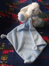 AN/ DOUDOU MOUCHOIR TEX LAPIN  BLANC BLEU POIS NEUF
