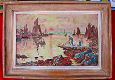 Ancienne peinture sur Toile signée - MARINE - PORT DE  PECHE - MER - VOILIER 