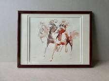 tableau, aquarelle de chevaux signée, Fethi Andolsi, Tunisie