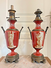 Ancien Paire Lampe Pétrole Huile en Porcelaine France Française XIXème 19ème