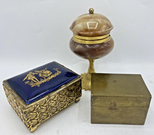 3 vintage jewelry boxes lot Mid-1900's brass gilded metal marble