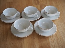 5 tasse & soucoupes en céramique blanche & or K G Lunéville ancienne