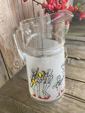 Carafe décorée, pot à eau, pichet en verre, dessin de " Cabu ", jazz band, 1970